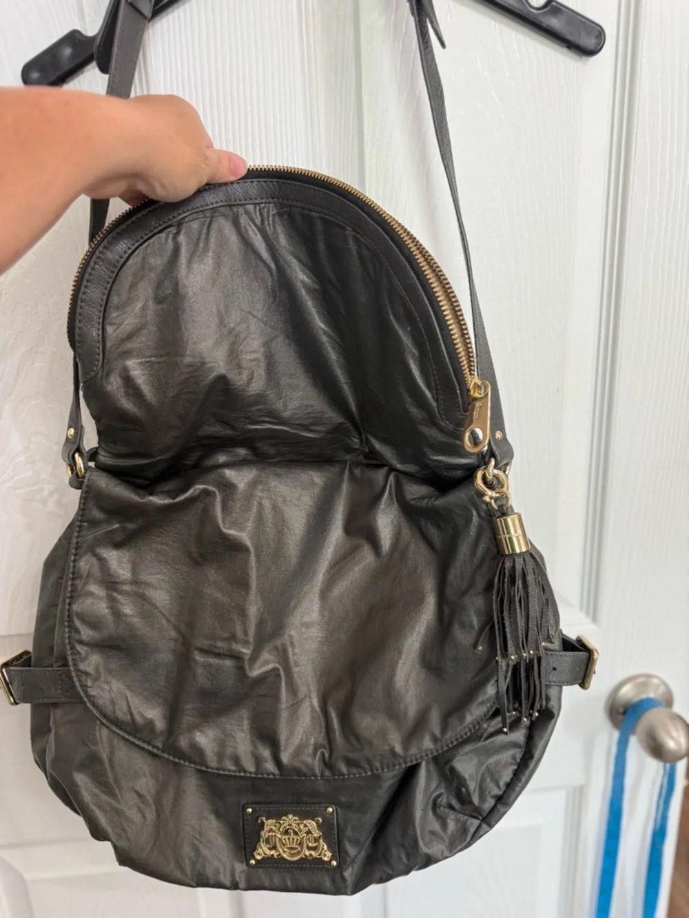 Juicy Couture Dark Olive Green Slouchy Hobo Bag Gold Crest Tassel Y2K Boho
